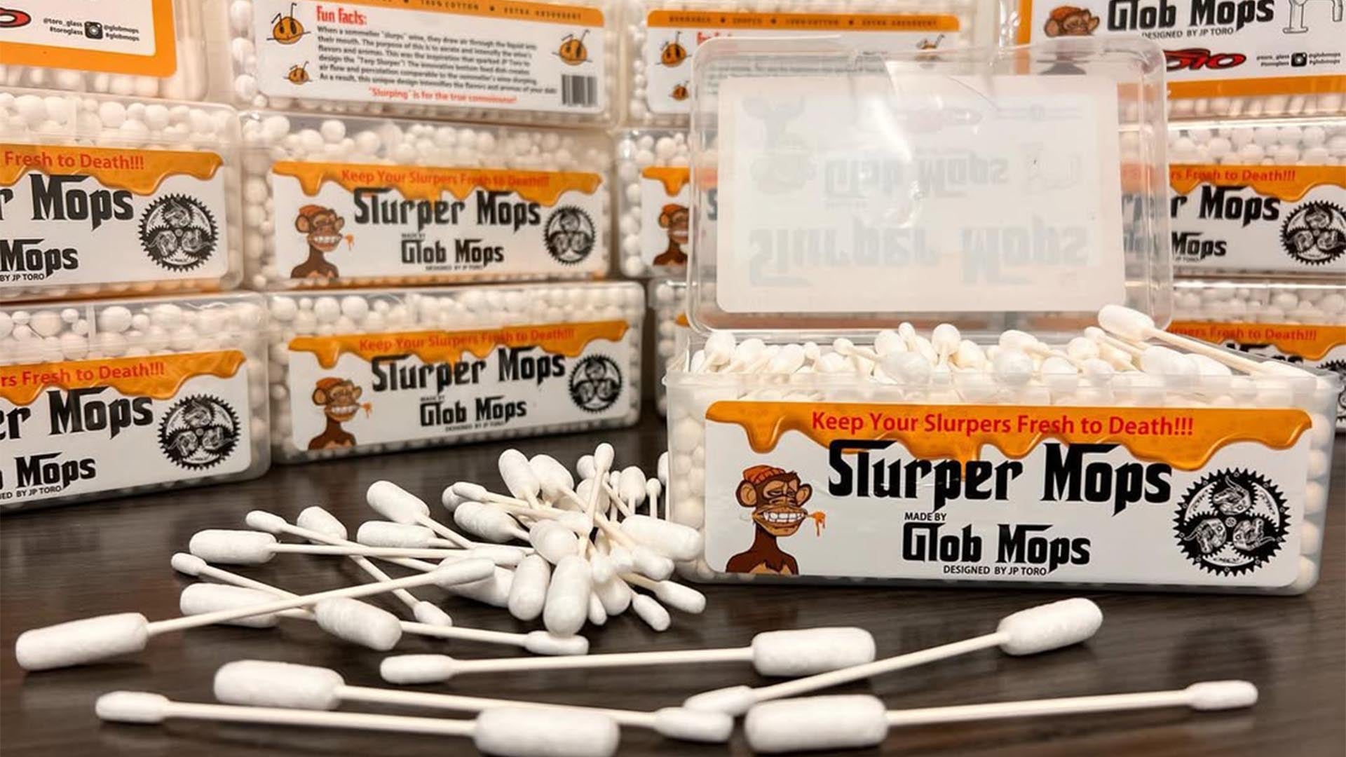 Glob Mops Slurper Mops boxes and long-tip cotton swabs displayed for terp slurper and quartz cleaning